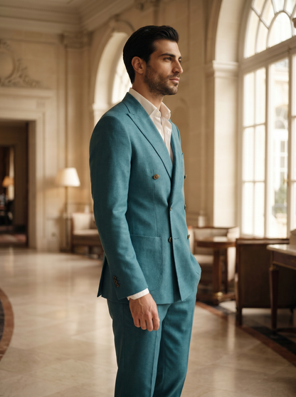Turquoise Wool Double Breasted Suit — Custom Made to Measure - side view