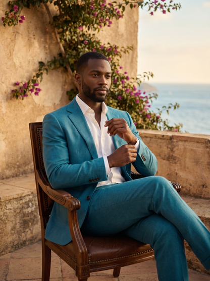 Turquoise Wool Suit — Custom Made to Measure - seated view