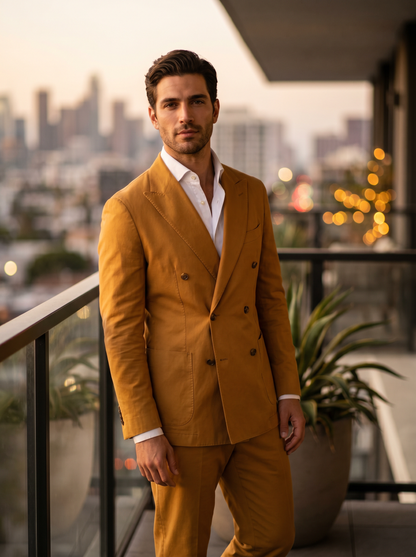 Warm Mustard Cotton Double Breasted Suit — Custom Made to Measure - front view