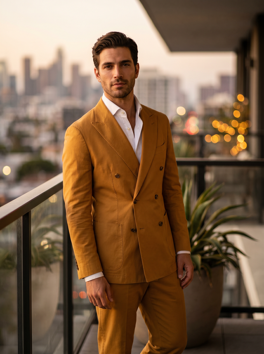 Warm Mustard Cotton Double Breasted Suit — Custom Made to Measure - front view