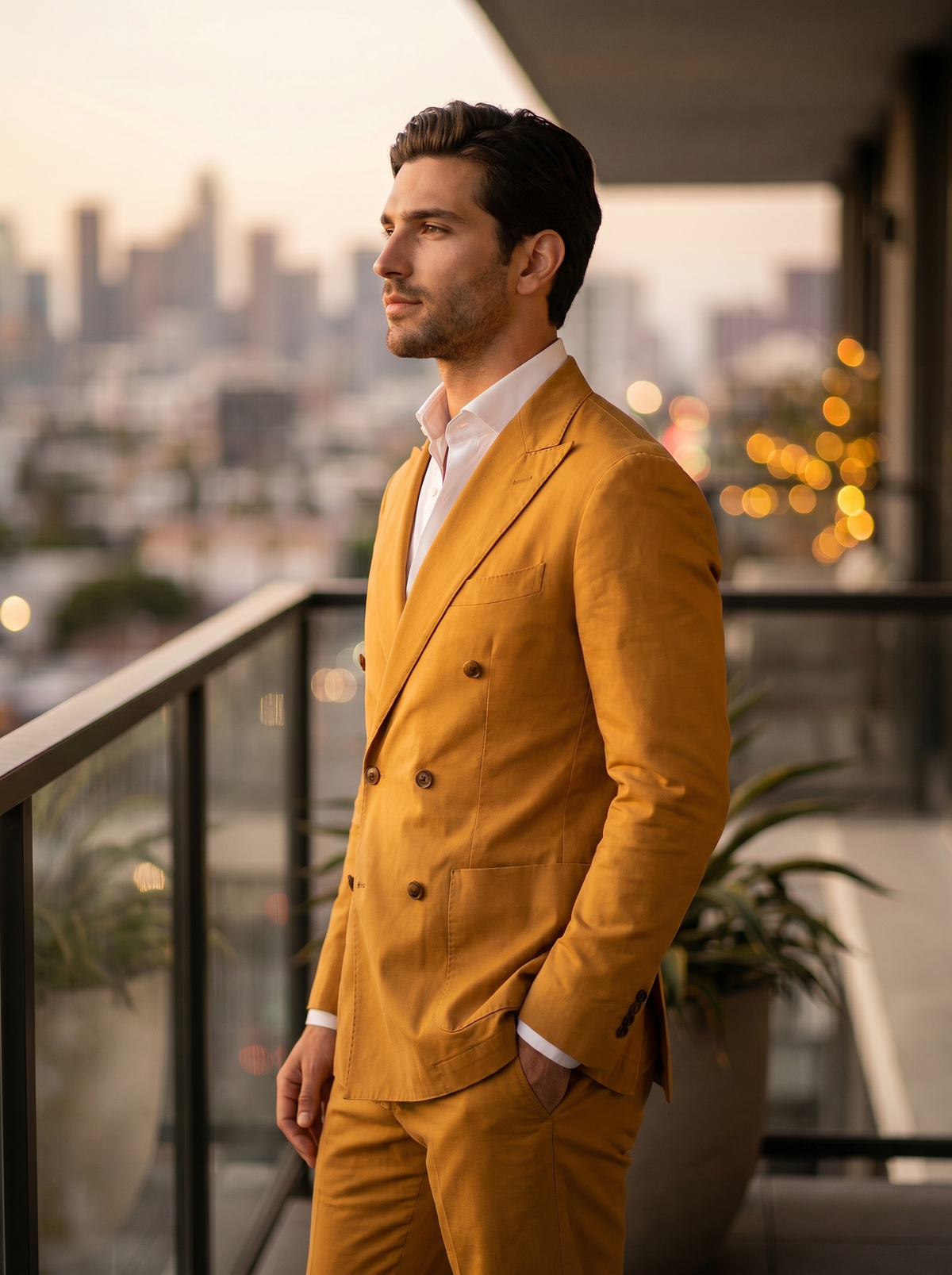 Warm Mustard Cotton Double Breasted Suit — Custom Made to Measure - side view