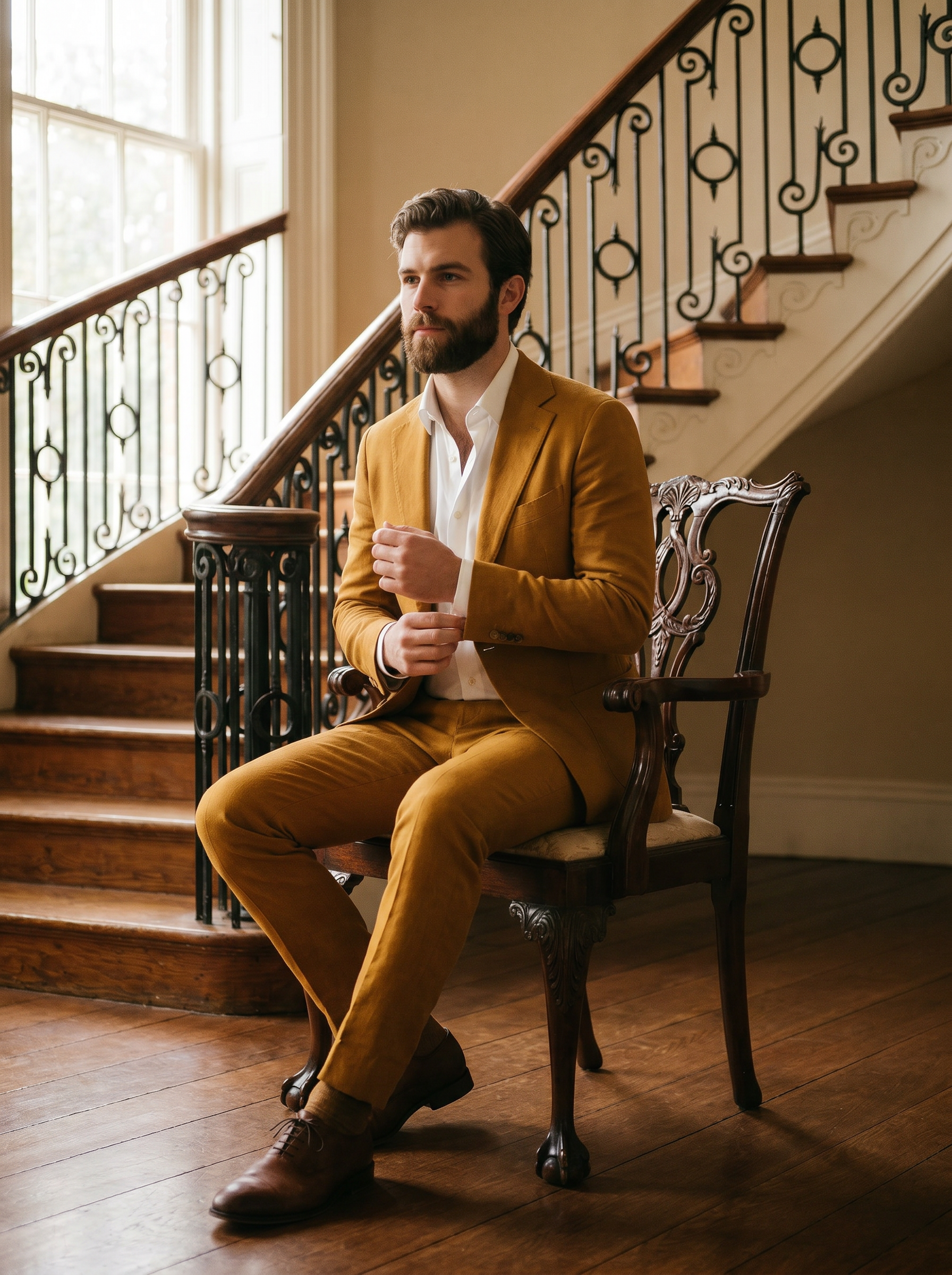 Warm Mustard Cotton Graduation Suit — Custom Made to Measure - seated view