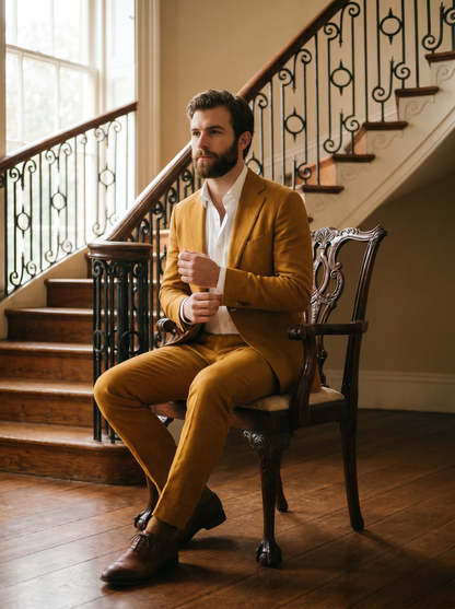 Warm Mustard Cotton Graduation Suit — Custom Made to Measure - seated view