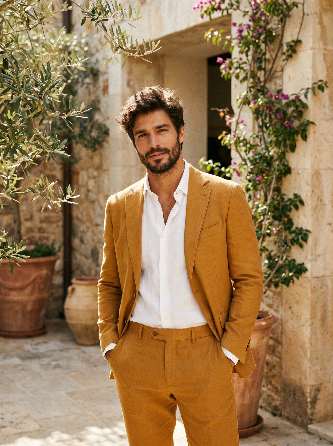 Warm Mustard Cotton Groomsmen Suit — Custom Made to Measure - front view