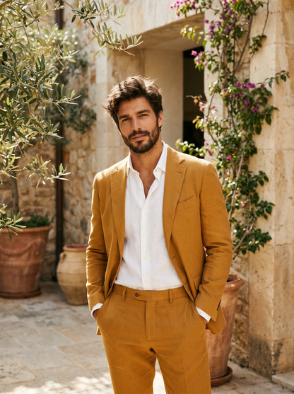 Warm Mustard Cotton Groomsmen Suit — Custom Made to Measure - front view