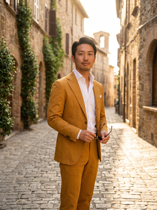 Warm Mustard Cotton Suit — Custom Made to Measure - front view