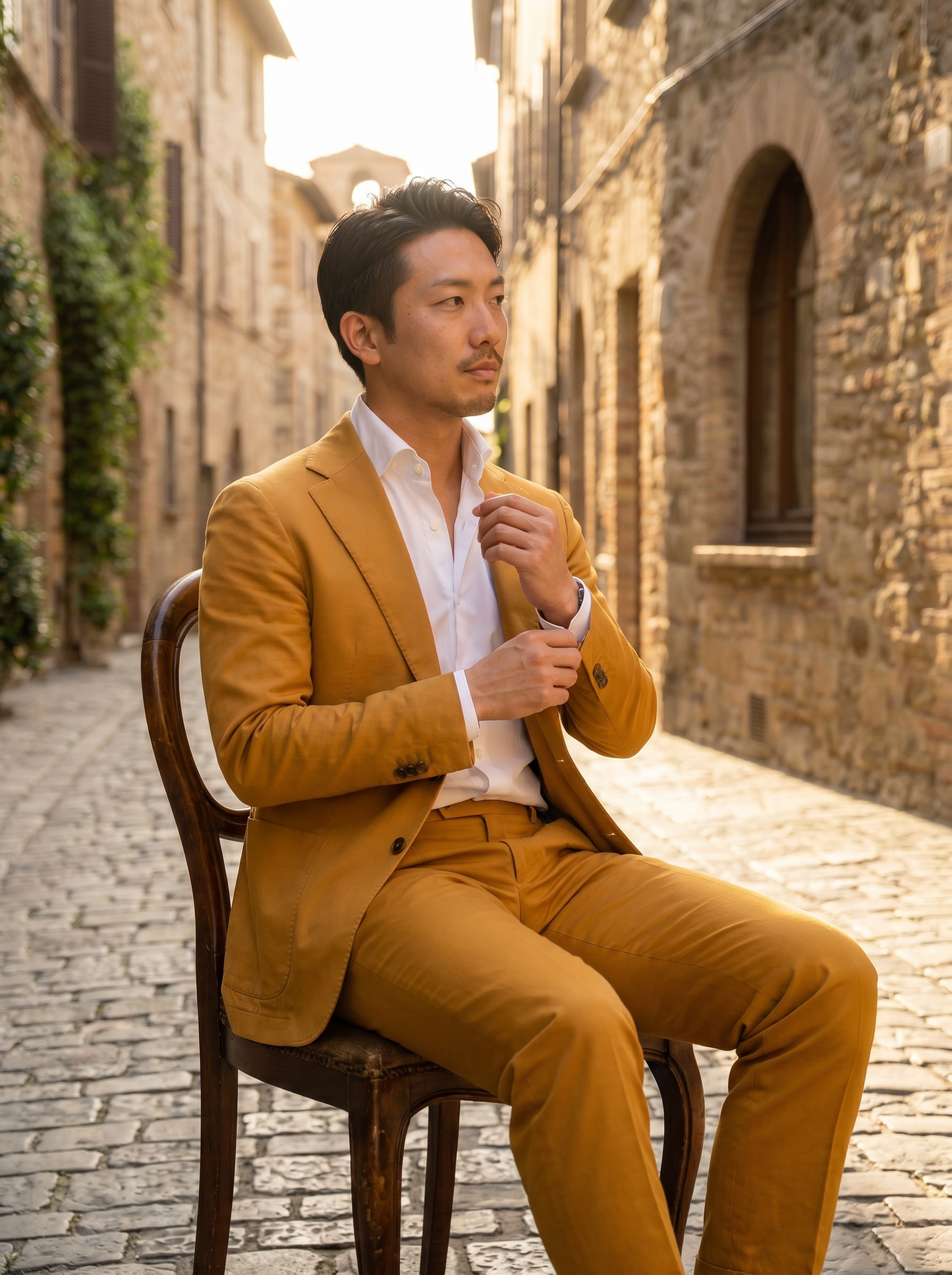 Warm Mustard Cotton Suit — Custom Made to Measure - seated view