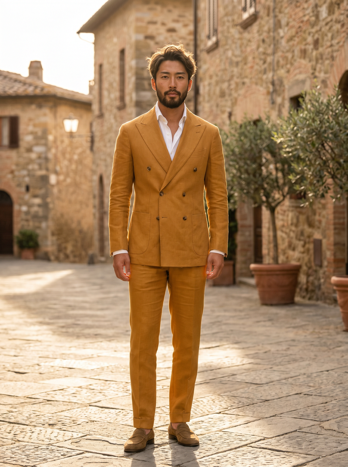 Warm Mustard Linen Double Breasted Suit — Custom Made to Measure - front view