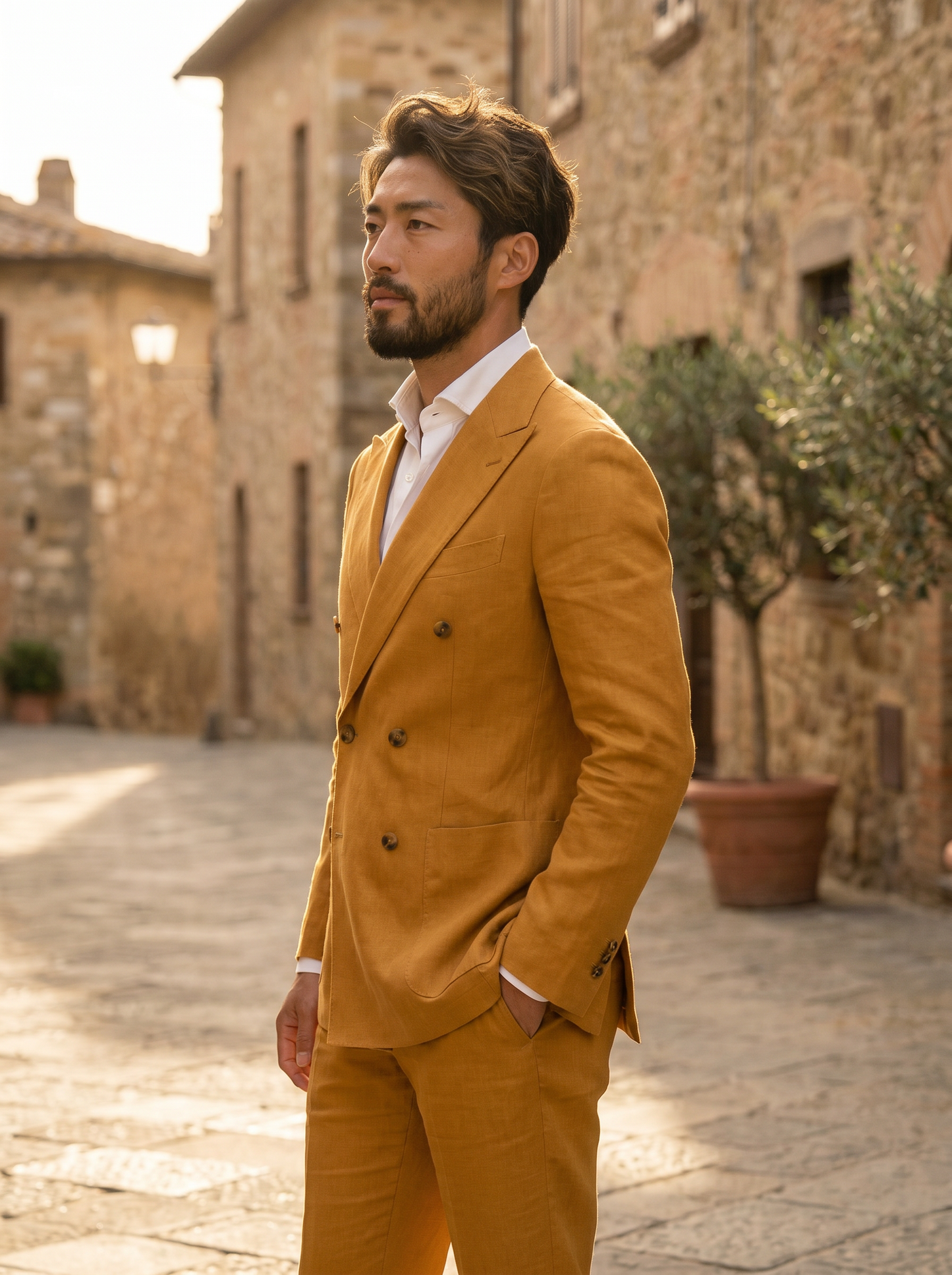Warm Mustard Linen Double Breasted Suit — Custom Made to Measure - side view