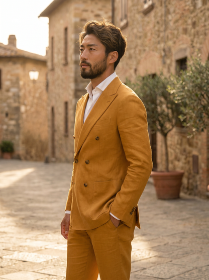 Warm Mustard Linen Double Breasted Suit — Custom Made to Measure - side view