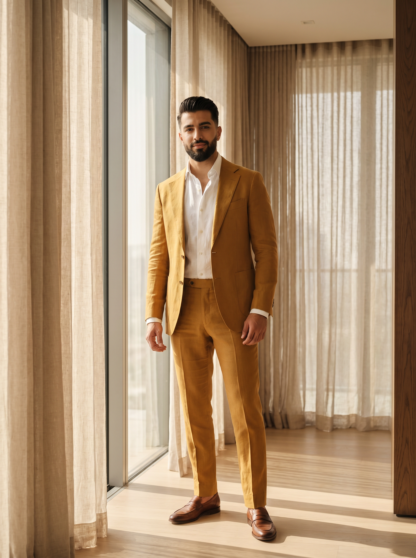 Warm Mustard Linen Groomsmen Suit — Custom Made to Measure - front view