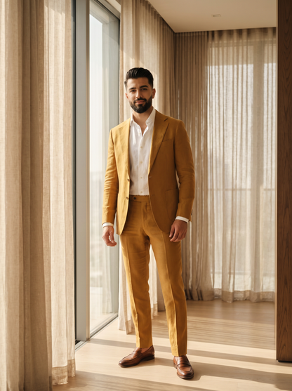 Warm Mustard Linen Groomsmen Suit — Custom Made to Measure - front view