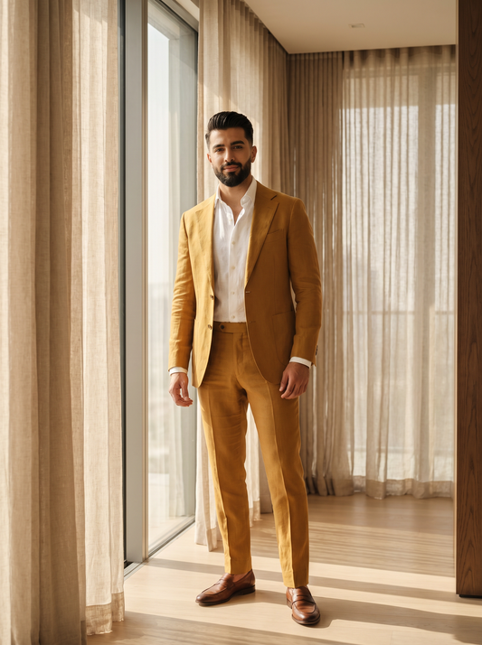 Warm Mustard Linen Groomsmen Suit — Custom Made to Measure - front view