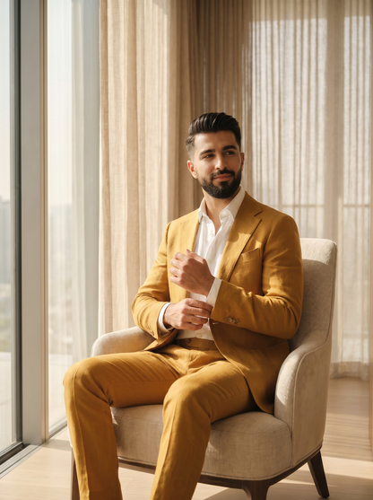 Warm Mustard Linen Groomsmen Suit — Custom Made to Measure - seated view