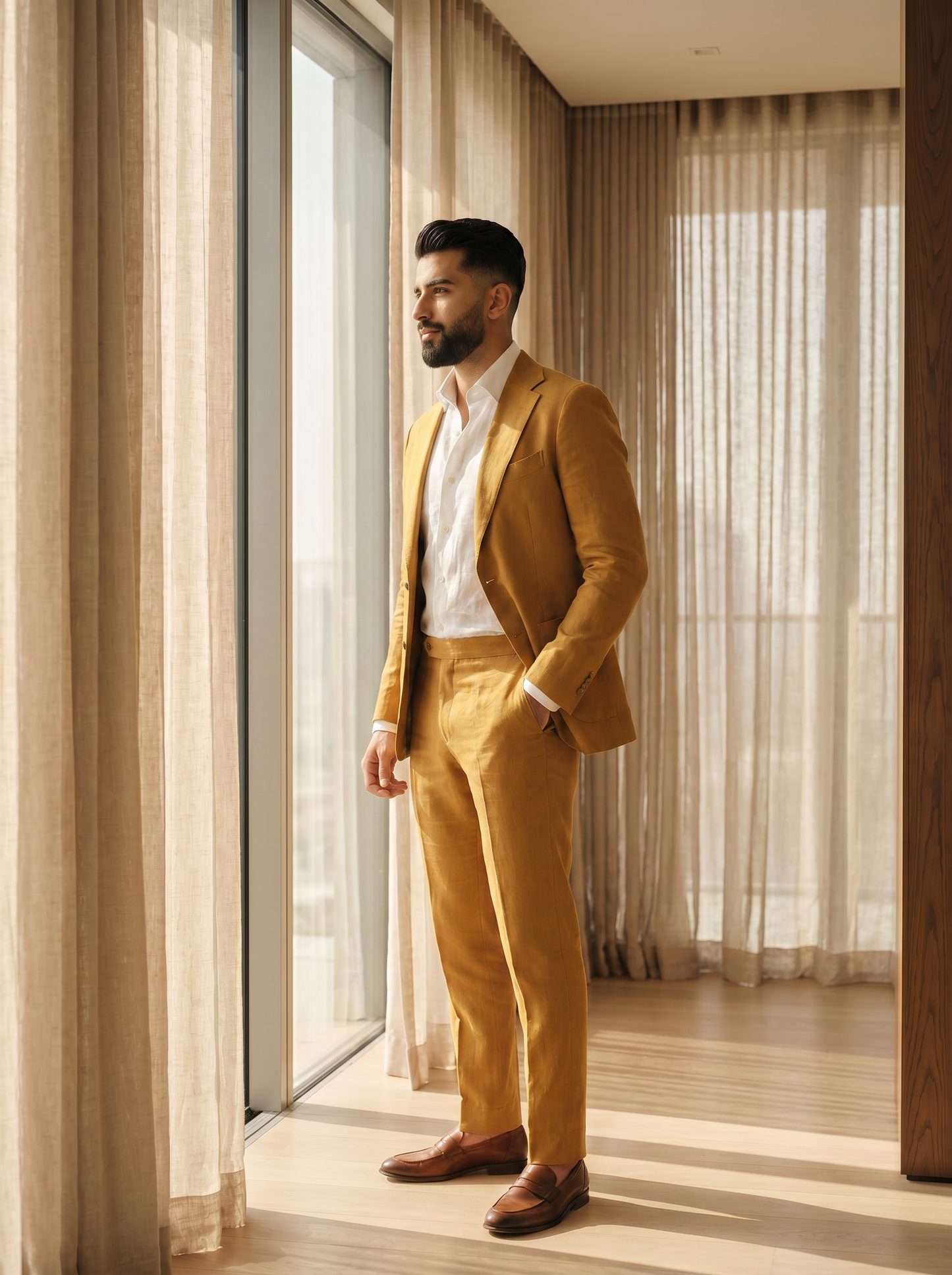 Warm Mustard Linen Groomsmen Suit — Custom Made to Measure - side view