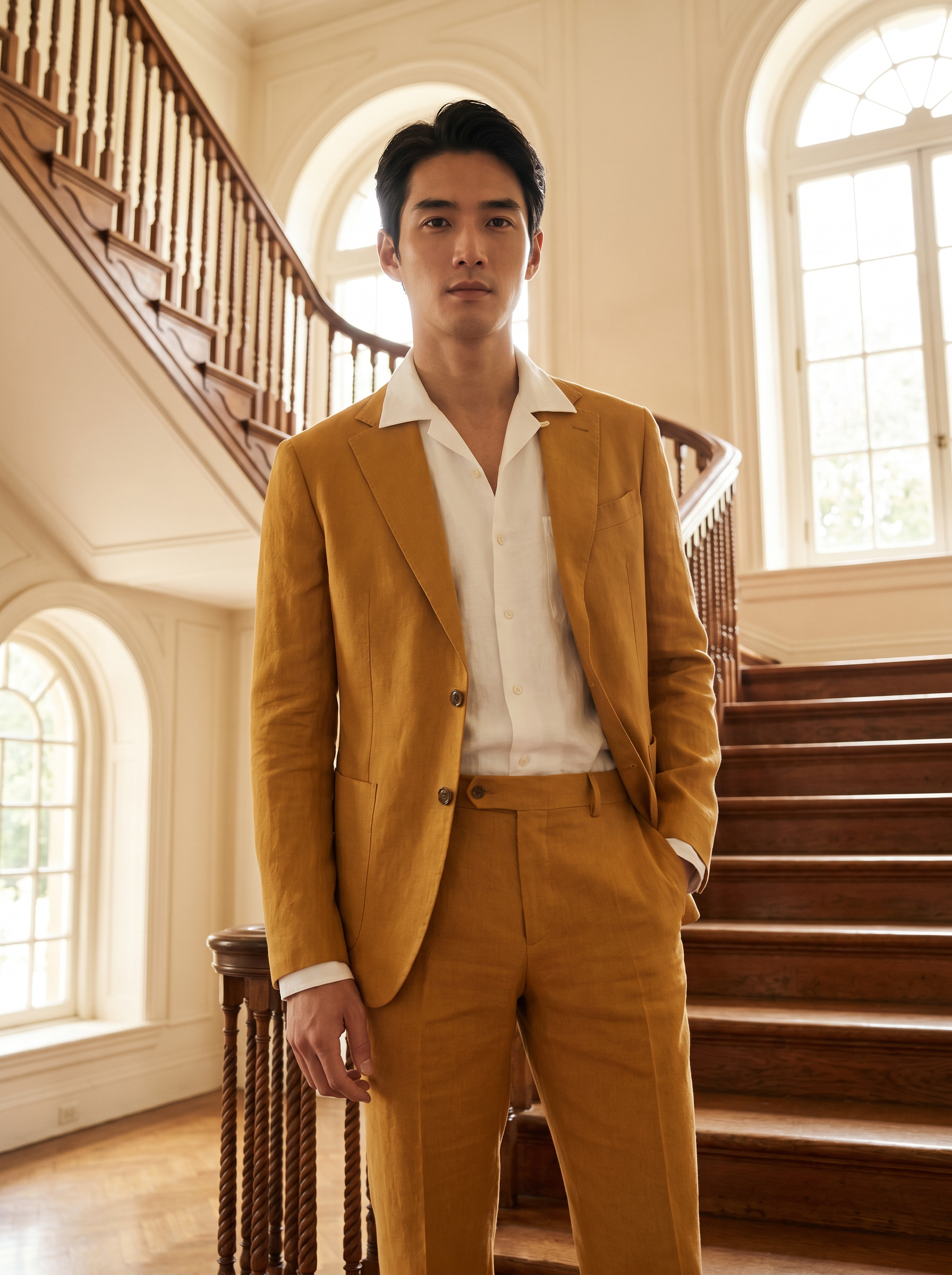 Warm Mustard Linen Suit — Custom Made to Measure - front view