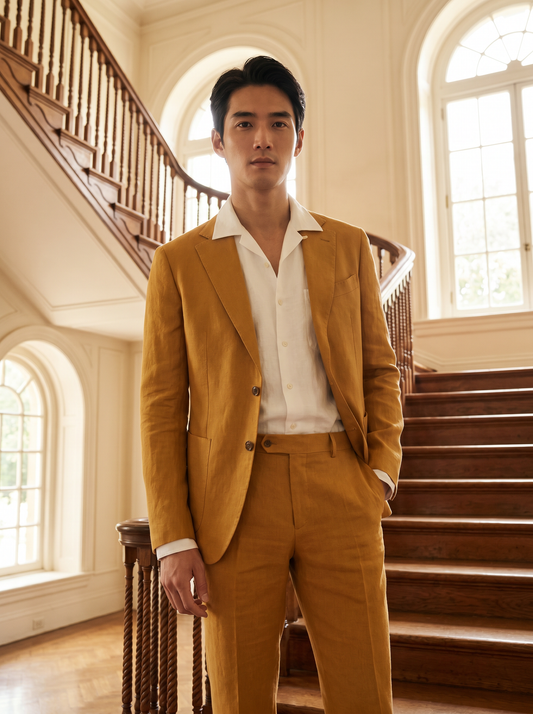 Warm Mustard Linen Suit — Custom Made to Measure - front view