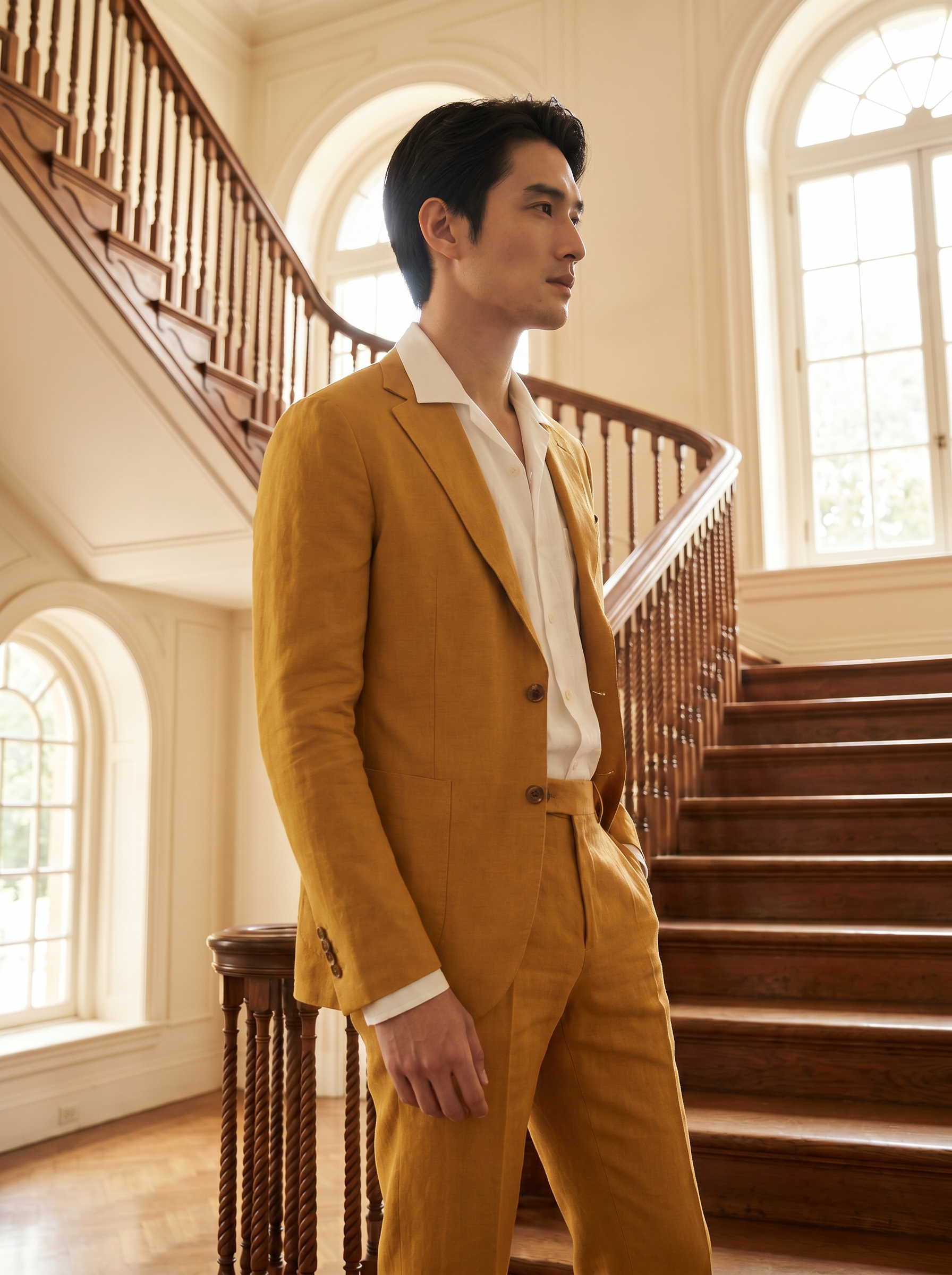 Warm Mustard Linen Suit — Custom Made to Measure - side view