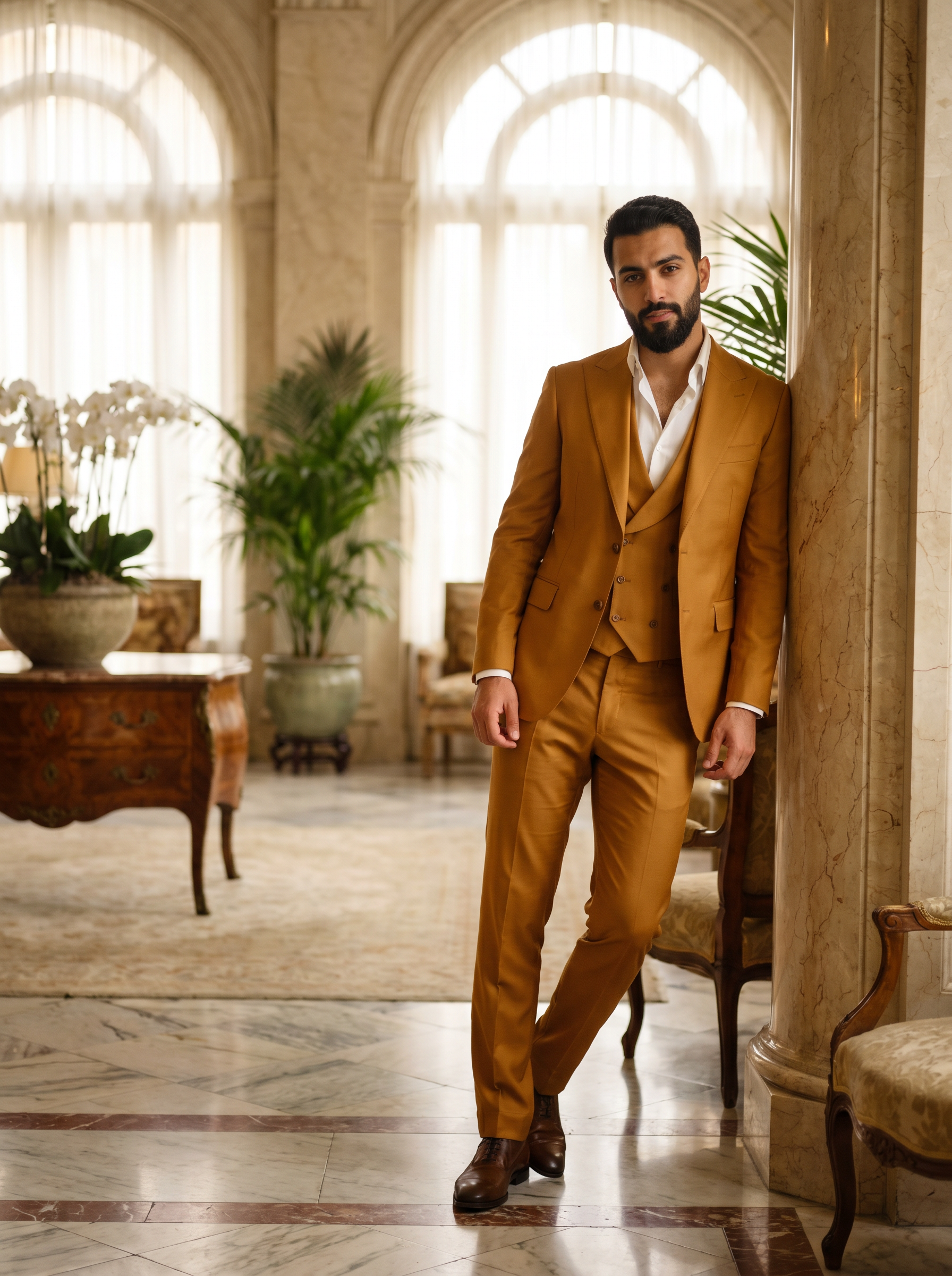 Warm Mustard Silk Blend 3-Piece Suit — Custom Made to Measure - front view