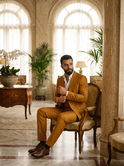 Warm Mustard Silk Blend 3-Piece Suit — Custom Made to Measure - seated view