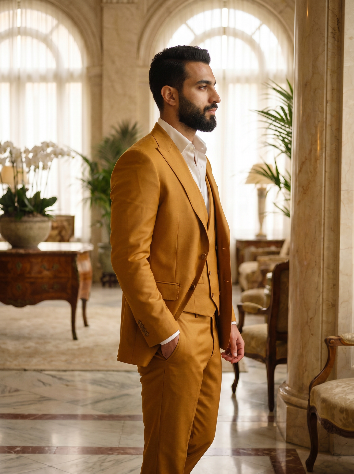 Warm Mustard Silk Blend 3-Piece Suit — Custom Made to Measure - side view