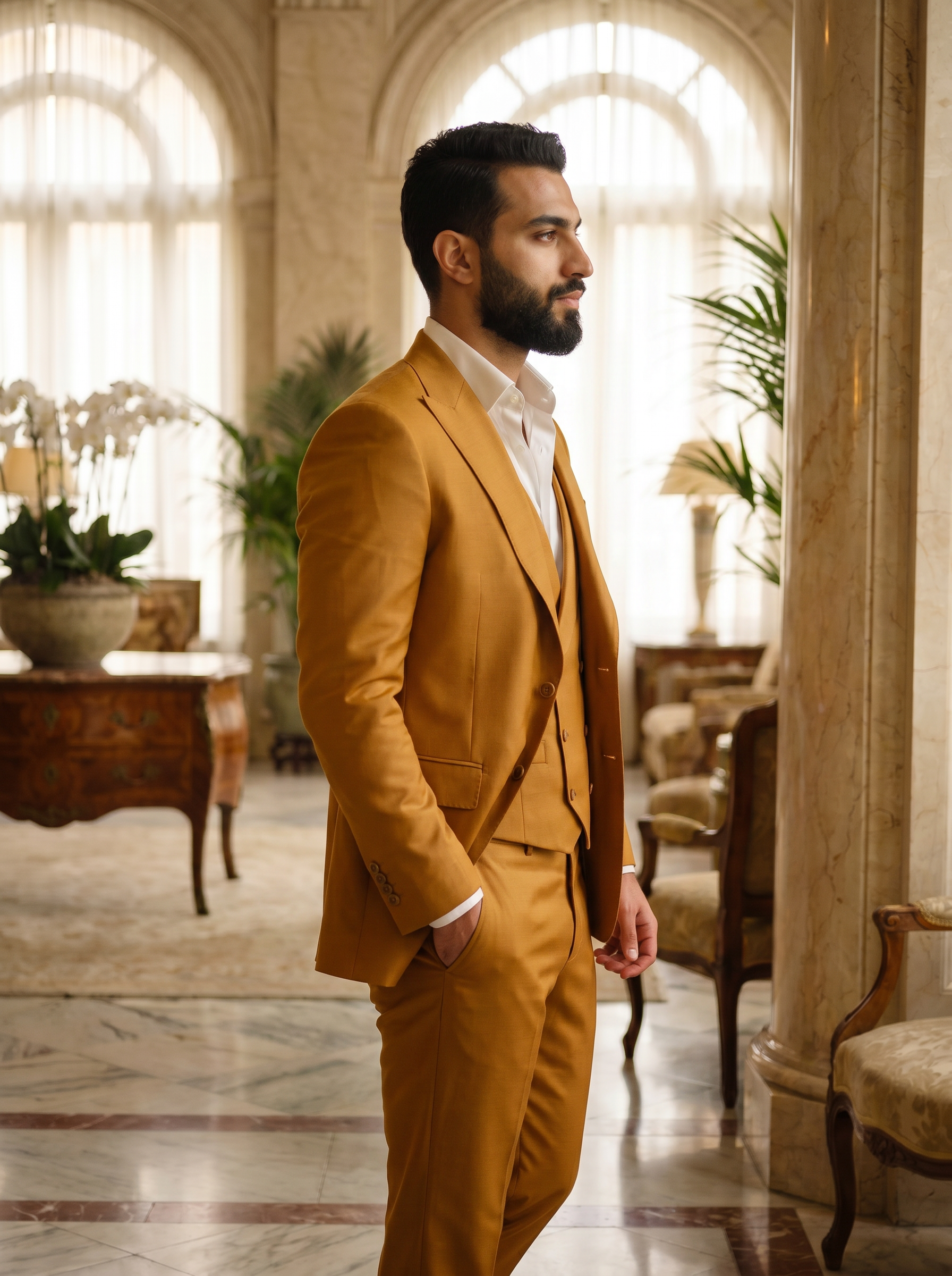 Warm Mustard Silk Blend 3-Piece Suit — Custom Made to Measure - side view