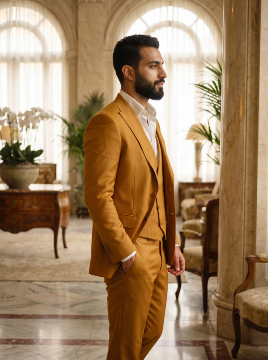 Warm Mustard Silk Blend 3-Piece Suit — Custom Made to Measure - side view