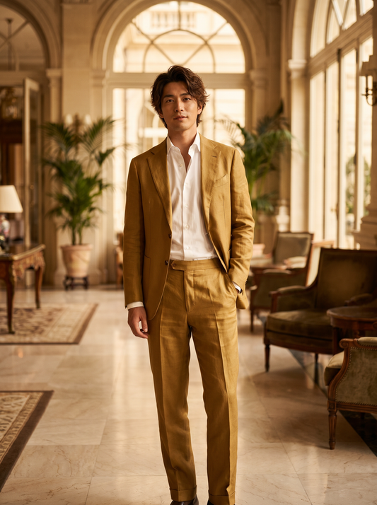 Warm Mustard Silk Blend Suit — Custom Made to Measure - front view