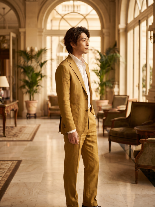 Warm Mustard Silk Blend Suit — Custom Made to Measure - side view
