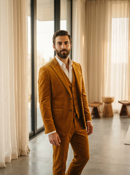 Warm Mustard Velvet 3-Piece Suit — Custom Made to Measure - front view
