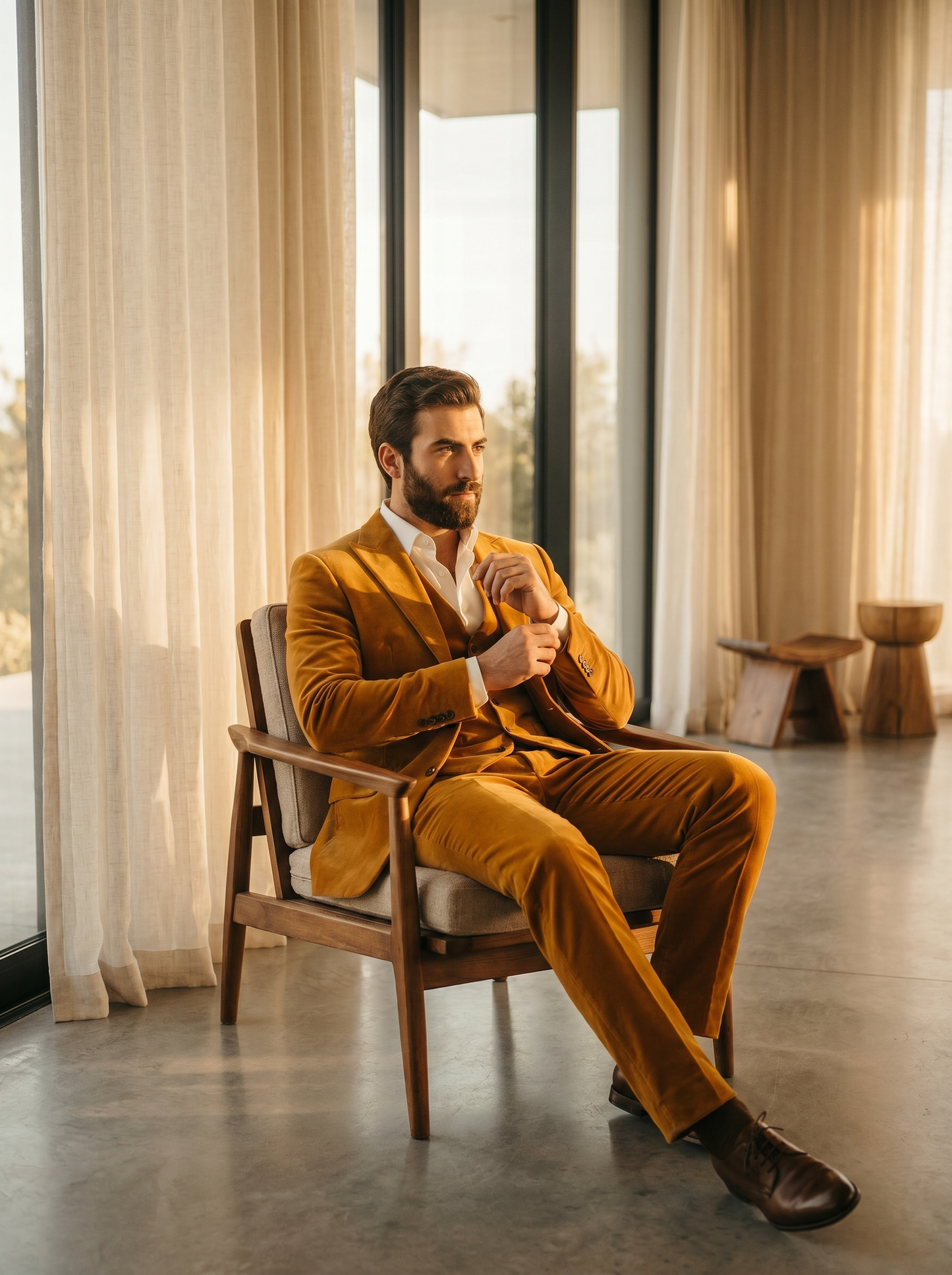Warm Mustard Velvet 3-Piece Suit — Custom Made to Measure - seated view