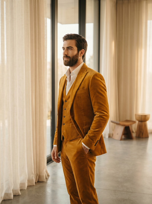 Warm Mustard Velvet 3-Piece Suit — Custom Made to Measure - side view