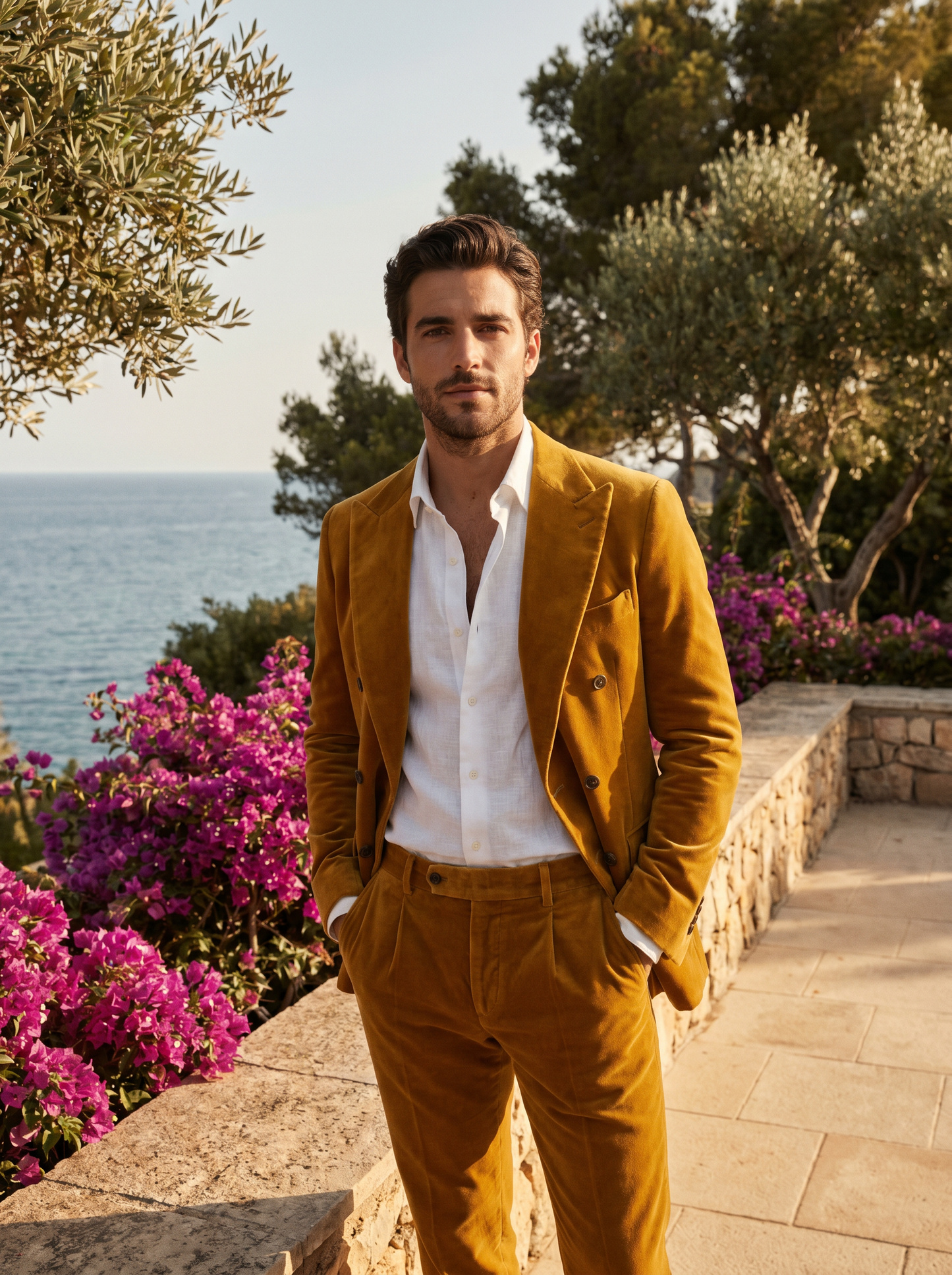 Warm Mustard Velvet Double Breasted Suit — Custom Made to Measure - front view