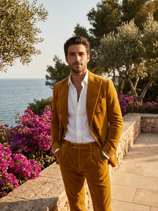 Warm Mustard Velvet Double Breasted Suit — Custom Made to Measure - front view
