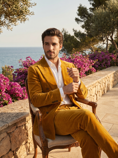 Warm Mustard Velvet Double Breasted Suit — Custom Made to Measure - seated view