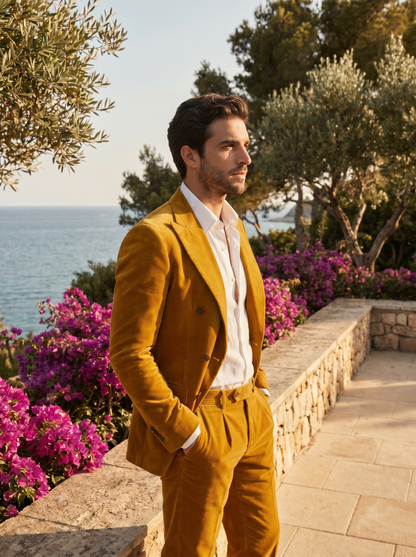 Warm Mustard Velvet Double Breasted Suit — Custom Made to Measure - side view