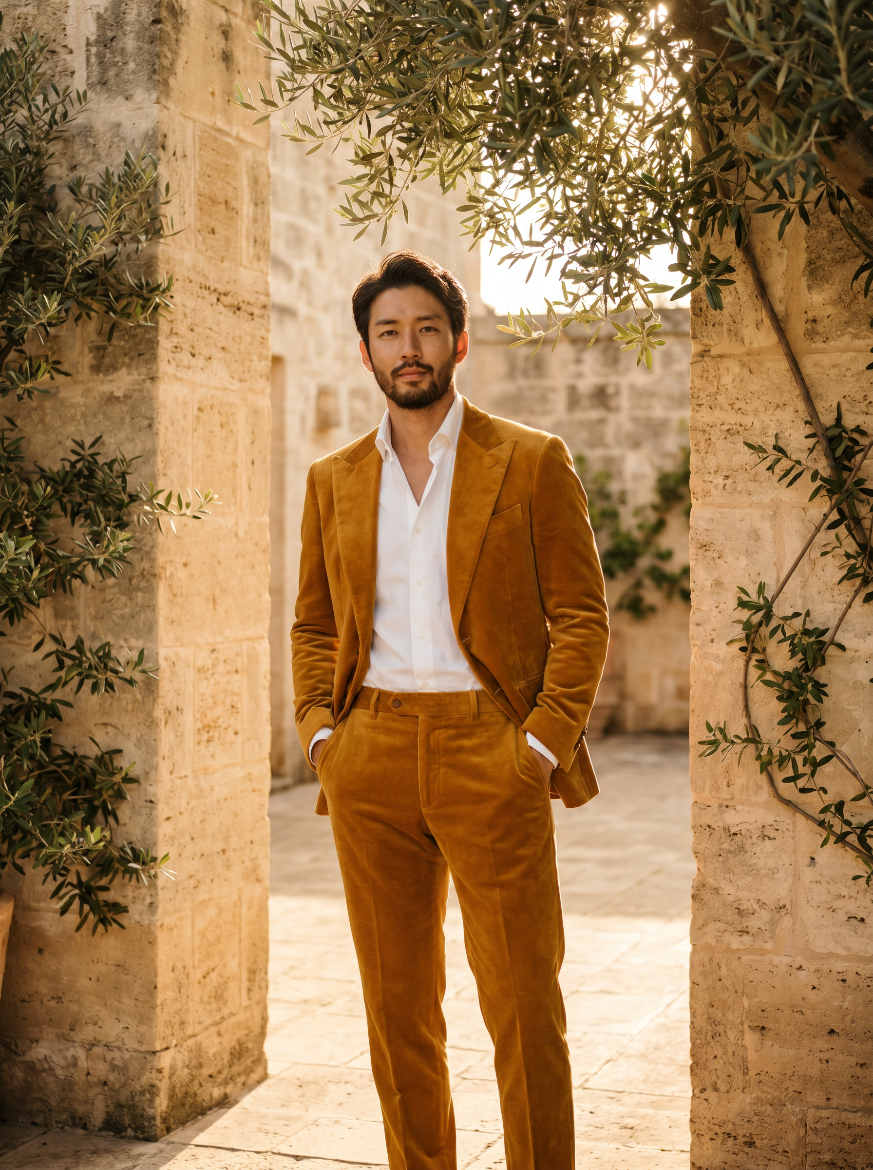 Warm Mustard Velvet Suit — Custom Made to Measure - front view