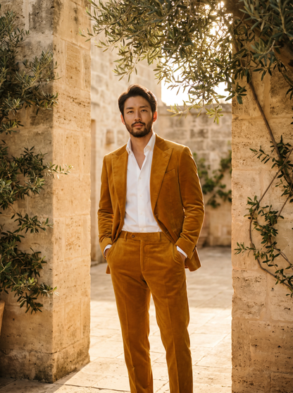Warm Mustard Velvet Suit — Custom Made to Measure - front view