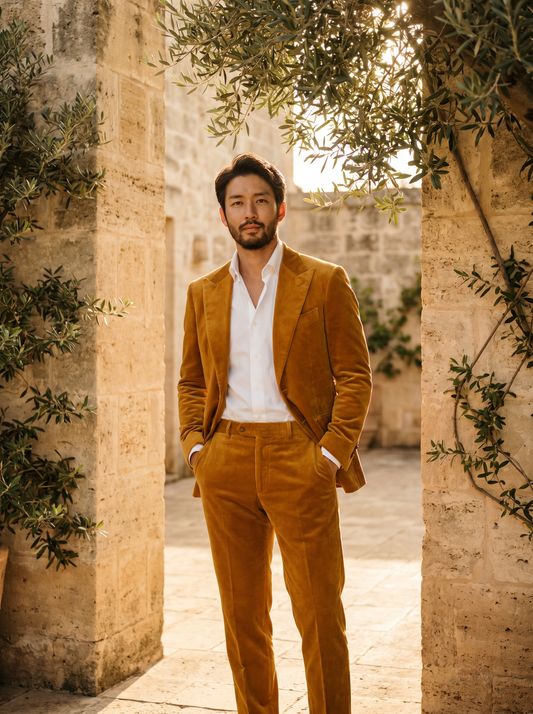 Warm Mustard Velvet Suit — Custom Made to Measure - front view