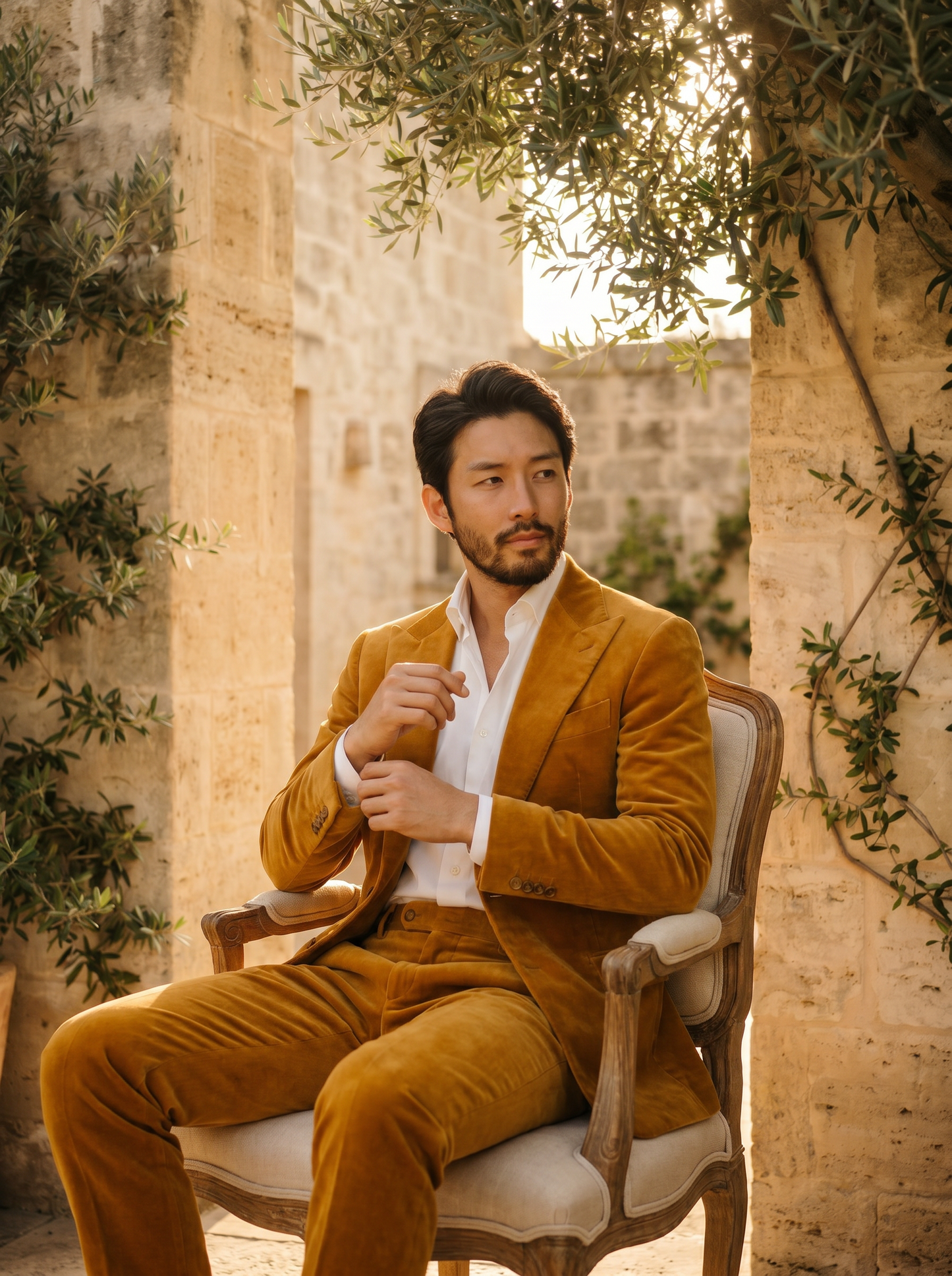 Warm Mustard Velvet Suit — Custom Made to Measure - seated view