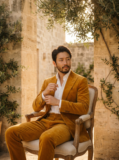 Warm Mustard Velvet Suit — Custom Made to Measure - seated view