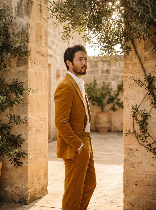 Warm Mustard Velvet Suit — Custom Made to Measure - side view