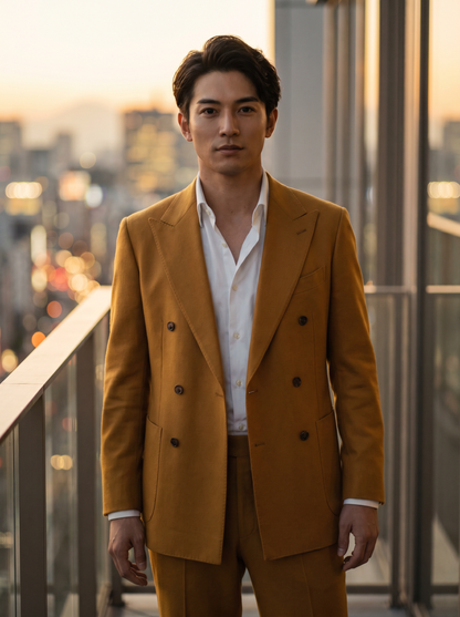 Warm Mustard Wool Double Breasted Suit — Custom Made to Measure - front view