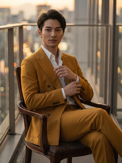 Warm Mustard Wool Double Breasted Suit — Custom Made to Measure - seated view