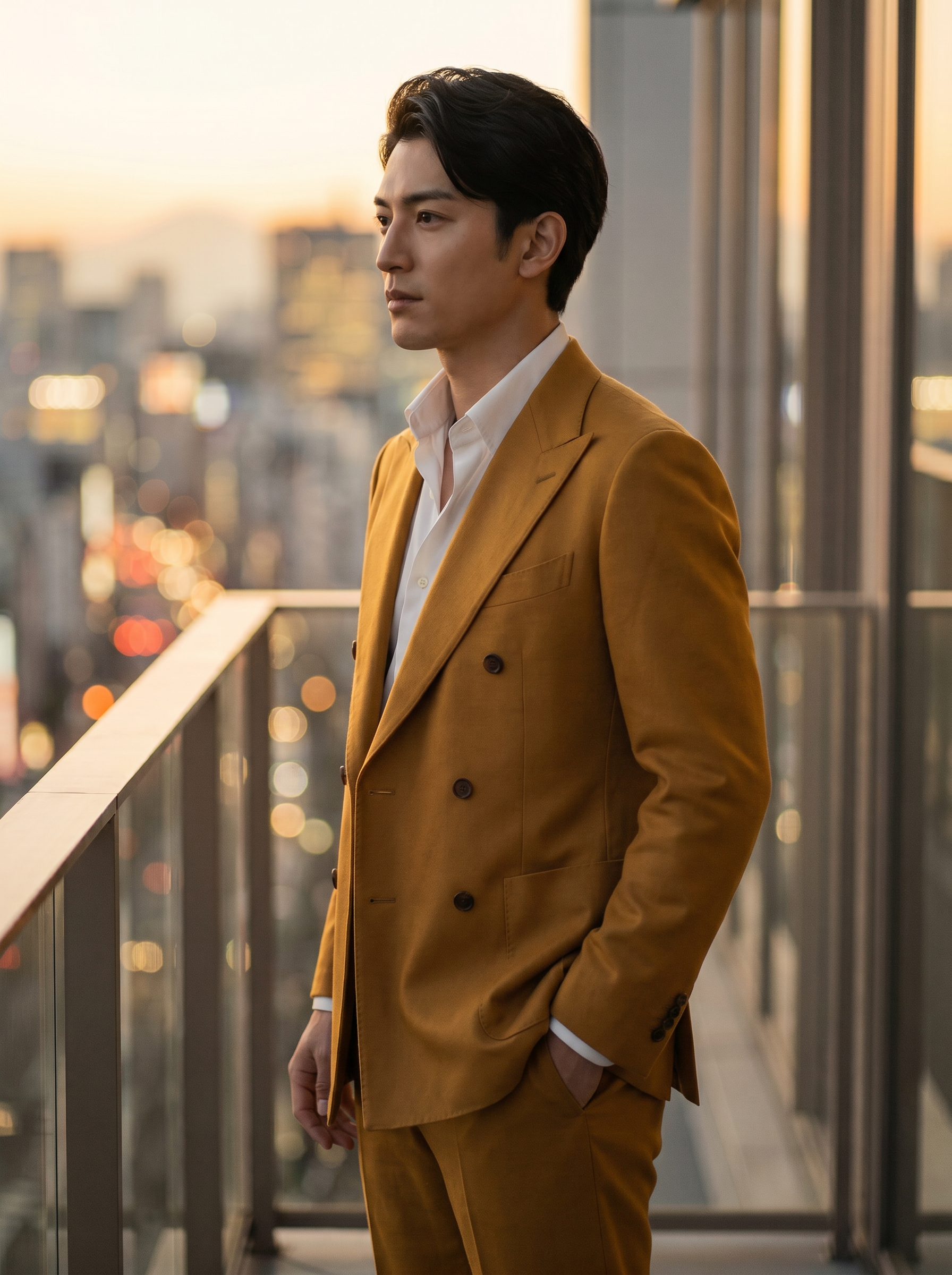 Warm Mustard Wool Double Breasted Suit — Custom Made to Measure - side view