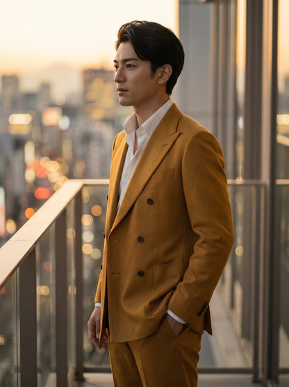 Warm Mustard Wool Double Breasted Suit — Custom Made to Measure - side view