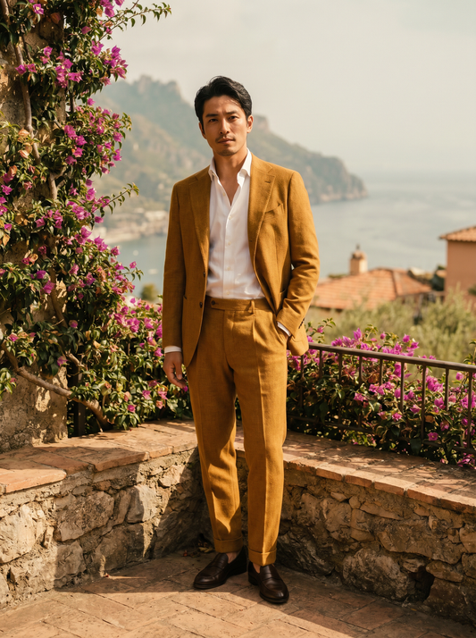 Warm Mustard Wool Groomsmen Suit — Custom Made to Measure - front view