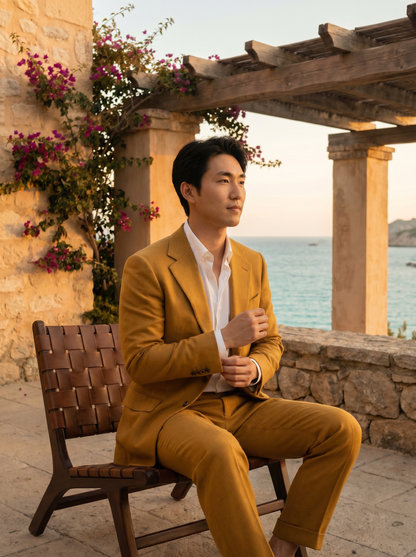 Warm Mustard Wool Suit — Custom Made to Measure - seated view