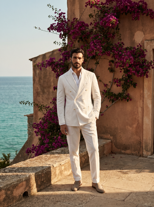 White Cotton Double Breasted Suit — Custom Made to Measure - front view