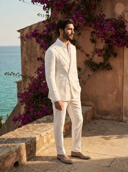 White Cotton Double Breasted Suit — Custom Made to Measure - side view